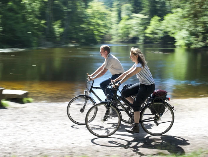 Radfahrer Zwei Menschen radeln entlang eines Flusses inmitten eines bewaldeten Gebiets bei sonnigem Wetter.