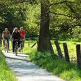 Bad Salzuflen Landschaftsgarten Drei Radfahrer auf einem naturbelassenen Weg, flankiert von grünen Wiesen und Bäumen im Sonnenlicht.
