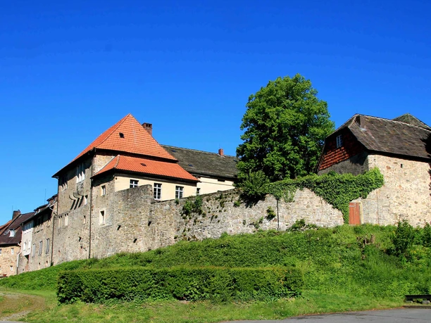 Historische Burg Sternberg mit imposanten Mauern und roten Ziegeldächern, umgeben von saftigem Grün.