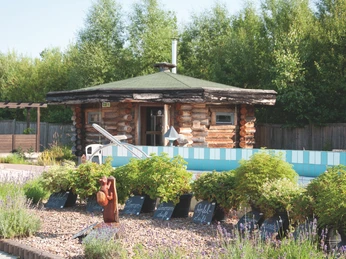 Blockhaus-Sauna in der Driburg Therme Rundes Blockhaus mit Holzverkleidung, umgeben von Pflanzen und Sonnenterrasse, in grüner Umgebung.
