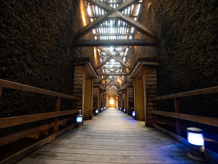 Innenbereich Erlebnisgradierwerk Das Innere eines Erlebnisgradierwerks mit hölzernem Steg, von salznassen Schwarzdornwänden umgeben.