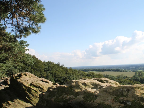 Blick über das Plisseetal mit weitläufiger Landschaft, Bäumen und Felsen unter blauem Himmel.