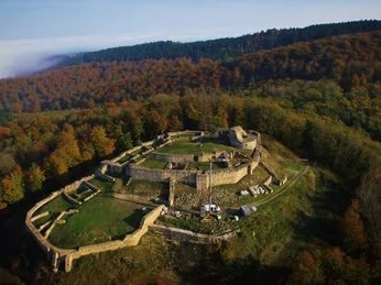 Luftaufnahme der imposanten Ruine Falkenburg, umgeben von buntem Wald, unter klarer Herbstsonne.