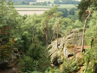 Dörenther Klippen Felstürme und Bäume in einer bewaldeten Umgebung, im Hintergrund waldige Hügel und Felder.