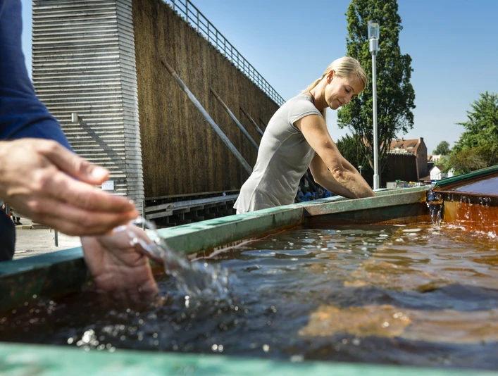 Kneipp-Armbecken Eine Frau nutzt ein Kneipp-Armbecken im Freien, umgeben von Grün und einem modernen Gebäude.
