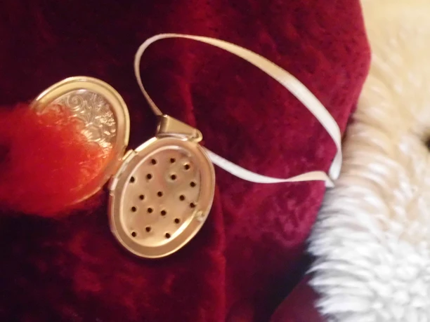 Historische Flohfalle Silberne, geöffnete Flohfalle mit rotem Wollbüschel auf samtigem roten Hintergrund.