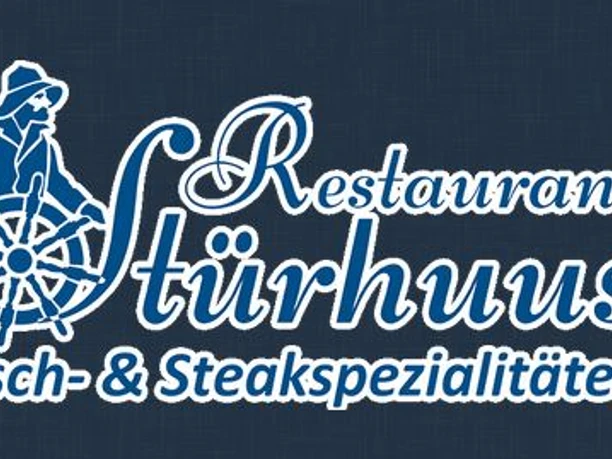 Restaurant_Stuerhuus.JPG Logo des Restaurants Stürhuus mit stilisiertem Steuermann und Schriftzug für Fisch- und Steakspezialitäten