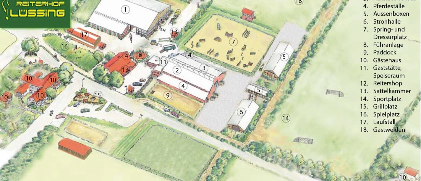 Reiterhof Lüssing ©Emsland Tourismus GmbH Luftbildkarte des Reiterhofs Lüssing mit Reithallen, Stallungen, Gästehäusern und Reitplätzen.