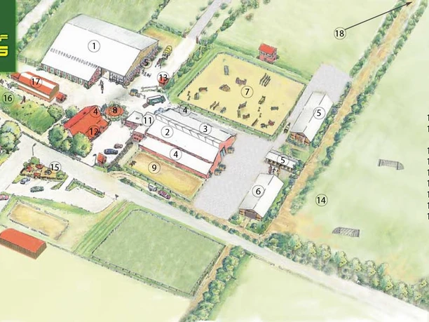 Reiterhof Lüssing ©Emsland Tourismus GmbH Luftbildkarte des Reiterhofs Lüssing mit Reithallen, Stallungen, Gästehäusern und Reitplätzen.