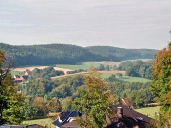 Kammweg Blick über sanfte Hügellandschaft mit weitläufigen Feldern und Wäldern unter blauem Himmel.