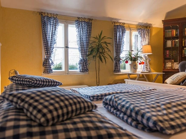 Ferienwohnung "Hofgarten" im Gobelinschlafzimmer mit karierten Bettdecken und einladendem Licht.