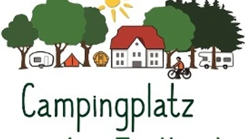 Logo Campingplatz Am Furlbach Ein Logo mit einer naturreichen Kulisse eines Campingplatzes, inklusive Wohnwagen und Radfahrer.