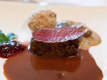 Fleischgericht in Zeitlers Hotel, Marsberg Perfekt gegartes Stück Fleisch mit roter Sauce, Pilzrahm und Knödel im Zeitlers Hotel serviert.
