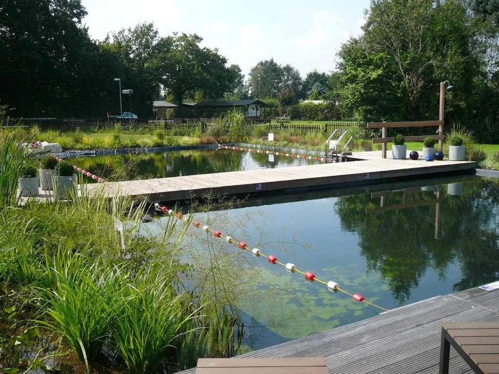 Rohloff Ferienpark Buschhof Extertal Schwimmteich mit Holzsteg, umgeben von üppiger Vegetation, im Rohloff Ferienpark Extertal.