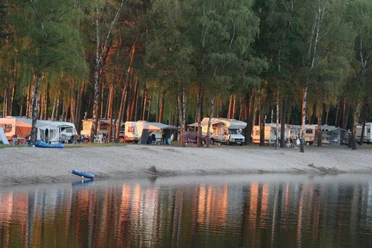 Erholungsanlage Hertha-See Hörstel Wohnwagen und Zelte am sonnigen Ufer eines Sees, umgeben von hohen, dichten Kiefern.