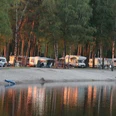 Erholungsanlage Hertha-See Hörstel Wohnwagen und Zelte am sonnigen Ufer eines Sees, umgeben von hohen, dichten Kiefern.