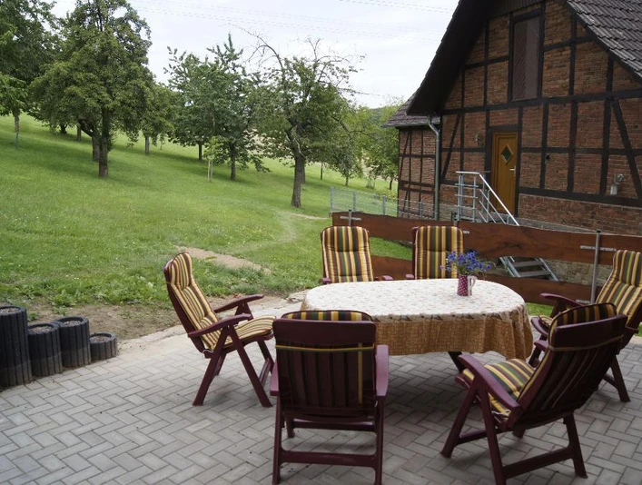 Grillplatz/ Außenterasse Sechs gemütliche Holzstühle umrahmen einen runden Tisch auf einer gepflasterten Terrasse vor einer Wiese.