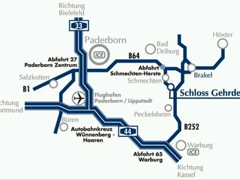Anfahrtsplaner Hotel Schloß Gehrden Karte mit Autobahn- und Schnellzugverbindungen zum Hotel Schloß Gehrden ab Paderborn.