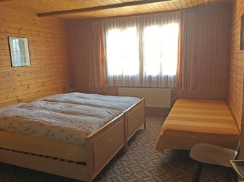 Chambre triple avec lit double et lit simple Getäfertes Zimmer mit einem Doppel- und einem Einzelbett, Spannteppich am BodenPanelled room with one double and one single bed, fitted carpet on the floorChambre lambrissée avec un lit double et un lit simple, tapis tendu au sol
