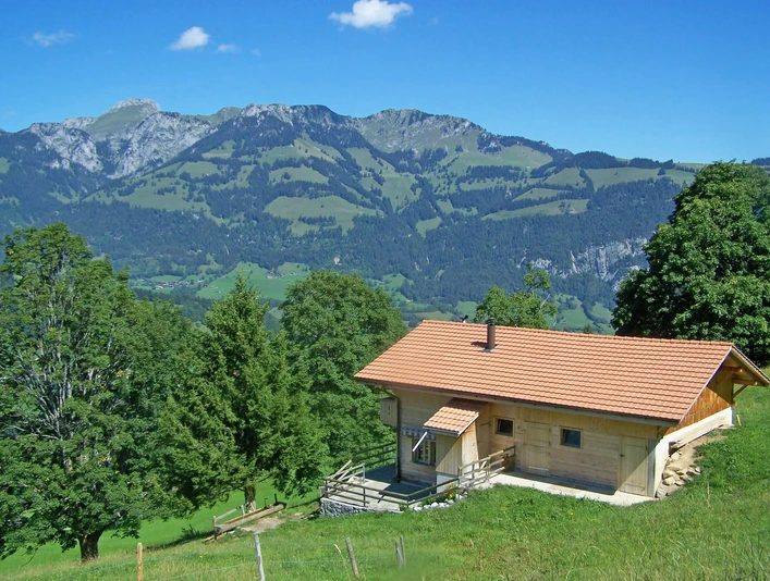Le «Weidhüttli Rütiweid» en été avec la vue sur le Stockhorn