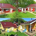 Vier gemütliche Ferienhäuser in Gelb und Rot mit Rasenflächen und Terrassen inmitten grüner Wälder.