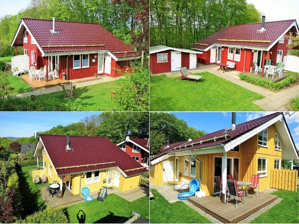 Vier gemütliche Ferienhäuser in Gelb und Rot mit Rasenflächen und Terrassen inmitten grüner Wälder.