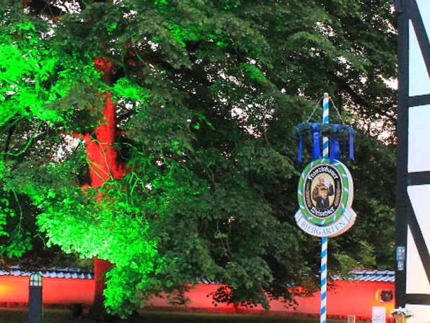 Fachwerkgebäude bei Nacht mit illuminiertem Baum und traditioneller bayerischer Fahne im Vordergrund.