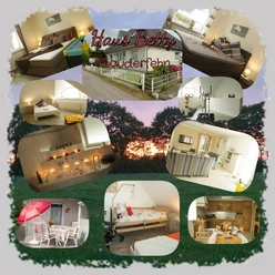 Fotocollage des Ferienhauses Betty: Außenansicht, Wohnbereiche, Bad und ein Pflegebett.