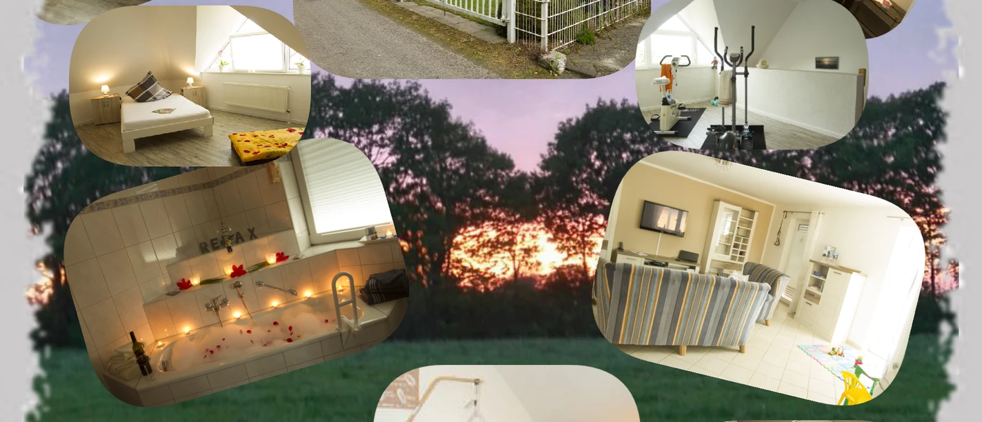 Fotocollage des Ferienhauses Betty: Außenansicht, Wohnbereiche, Bad und ein Pflegebett.