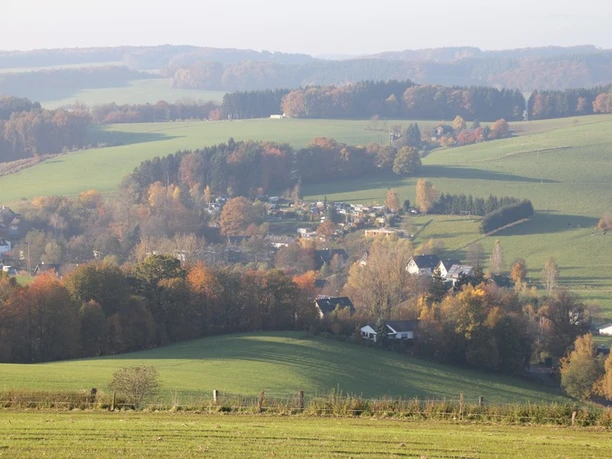 Camping "Am Mühlenberg" Hügelige Herbstlandschaft mit bunten Bäumen und verstreuten Häusern in Oberösterreich im Morgenlicht.