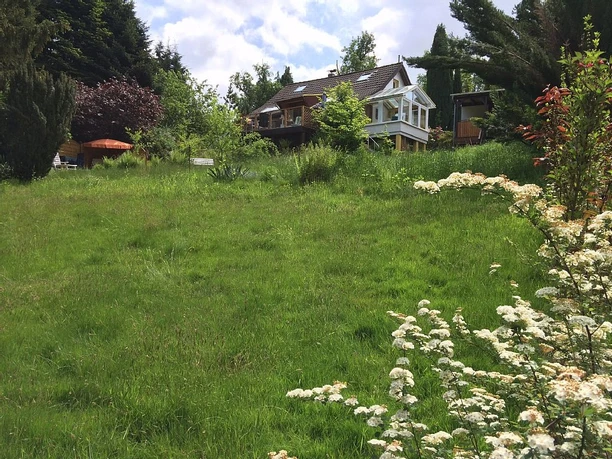 Ferienhaus Ketzberg Ein Einfamilienhaus mit Wintergarten inmitten üppiger, grüner Pflanzen und blühender Sträucher.