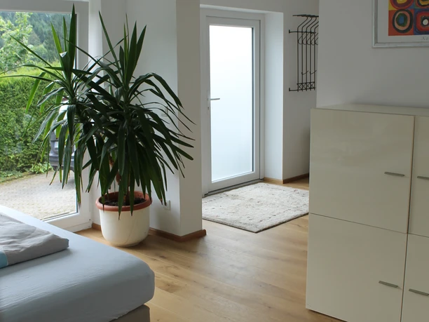 Blick auf Haustüre Helles Schlafzimmer mit Holzboden, großer Pflanze im Topf, Bett, idyllischem Ausblick und modernem Design.