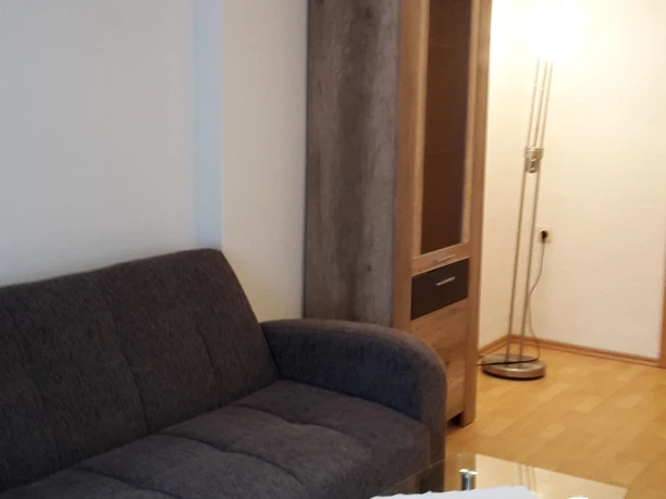 Ferienwohnung Finklenburg Gemütliches Wohnzimmer mit grauem Sofa, Glastisch und Schrank in hellem, modernem Ambiente.