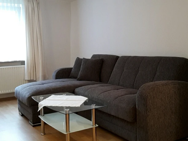 Ferienwohnung Finklenburg Graues Ecksofa mit Kissen auf hellem Holzboden, daneben ein Glas-Couchtisch in schlichtem Raum.
