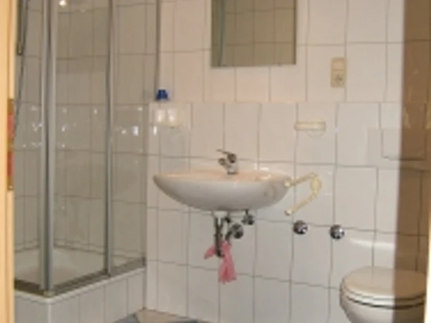 Bad Modernes Badezimmer mit Duschkabine, Waschbecken und Toilette, alle Wände sind weiß gefliest.
