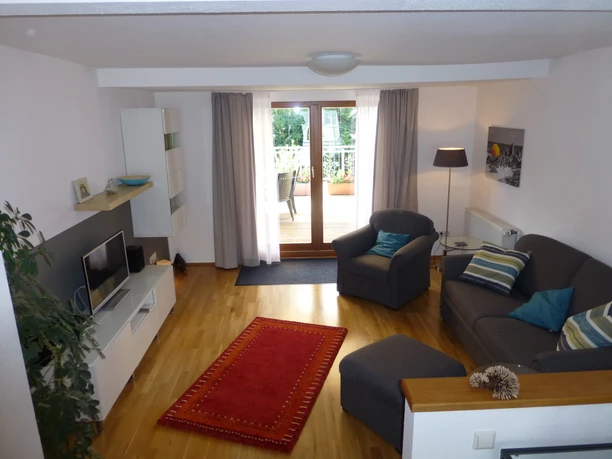 Ferienwohnung Neu Helles Wohnzimmer mit Parkettboden, zwei grauen Sofas, rotem Teppich und Zugang zu einem Balkon.