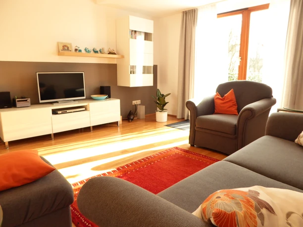 Ferienwohnung Neu Gemütliches Wohnzimmer mit grauen Sofas, rotem Teppich, Flachbildfernseher und viel Tageslicht.