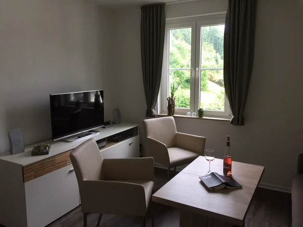 Ferienwohnung Buchenweg Ein gemütliches Wohnzimmer mit zwei Sesseln, Flachbildfernseher, einem Tisch und Blick in die Natur.
