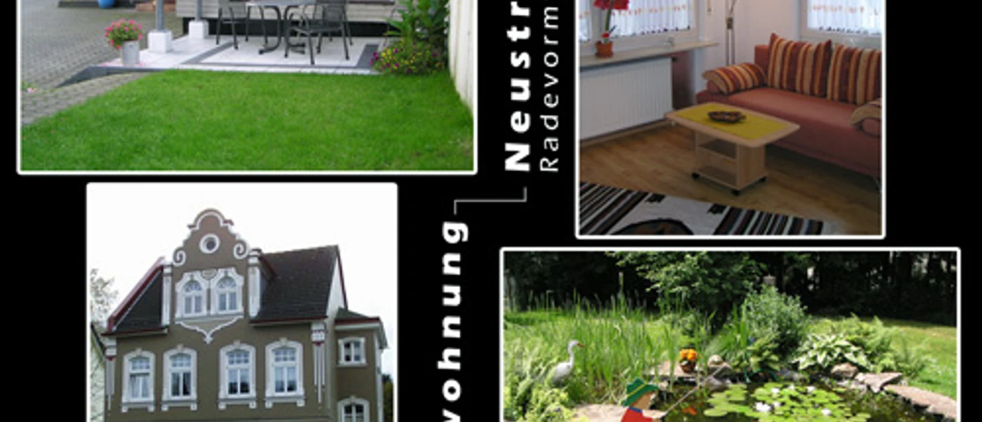 Postkarte Ferienwohnung Neustraße Collage aus drei Fotos: Historisches Gebäude, modern eingerichtetes Wohnzimmer und idyllischer Gartenteich.