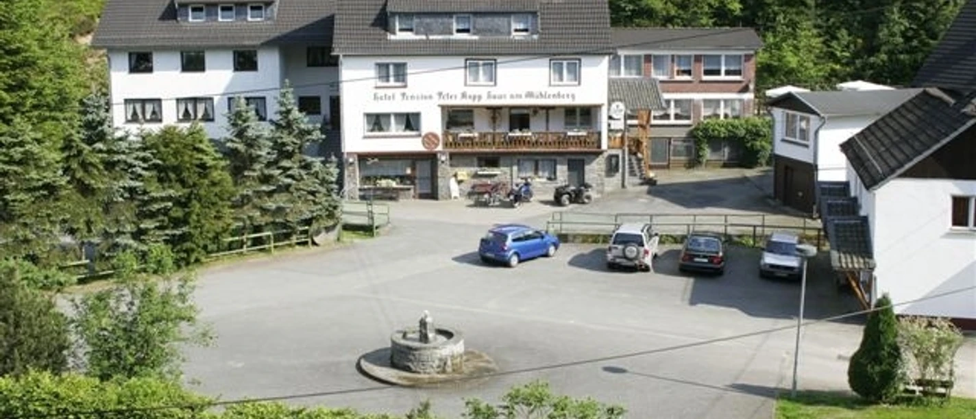 Haus am Mühlenberg Gasthof in ländlicher Umgebung mit Parkplatz, umgeben von Bäumen, und einem Brunnen im Vordergrund.
