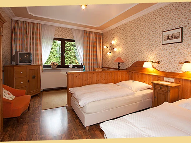 Doppelzimmer Bsp. 1 Gemütliches Hotelzimmer mit zwei Einzelbetten, warmer Holzeinrichtung und Fensterausblick.