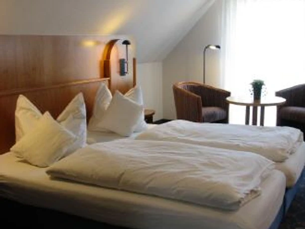 Zum Schwanen Gemütliches Hotelzimmer mit zwei Einzelbetten, Leseecke und Tageslicht durch großes Fenster.