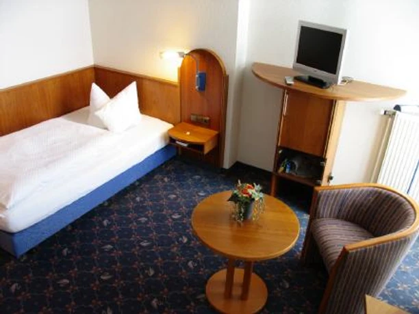 Zum Schwanen Ein gemütliches Einzelzimmer mit Bett, Tisch, Sessel und einem Fernseher auf einem Eckschrank.