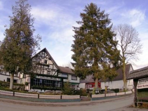 Außenansicht Fachwerkhaus mit Restaurant-Pension, umrahmt von Bäumen, unter blauem Himmel an einer Landstraße.