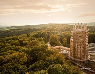 Aussichtsturm mit Baumwipfelpfad Holzturm im Wald vor hügeliger Landschaft bei Sonnenuntergang, sanfte Lichtstimmung im Hintergrund.