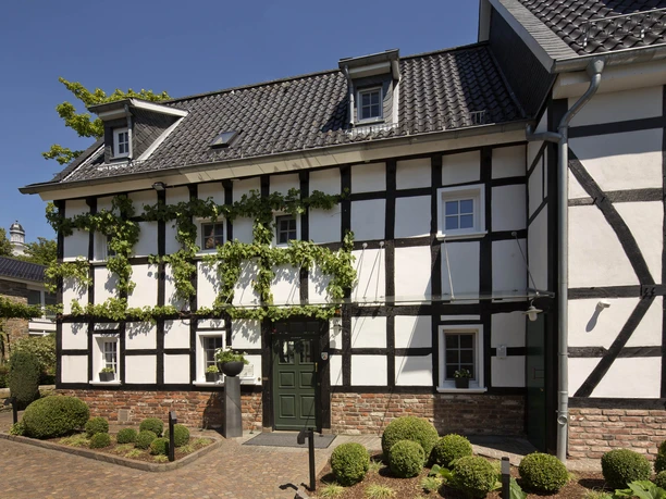 Außenansicht Fachwerkhaus mit Efeubewuchs, grüner Eingangstür und gepflegtem Vorgarten unter klarem blauen Himmel.