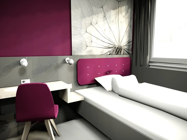 SMARTY Leichlingen-Cologne - Zimmer Modern eingerichtetes Hotelzimmer mit Einzelbett, Schreibtisch und pinken Akzenten. Wandbild von Samen.