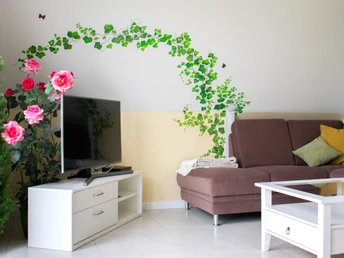 Zonovergoten woonkamer van de vakantiewoning Sonnenblick