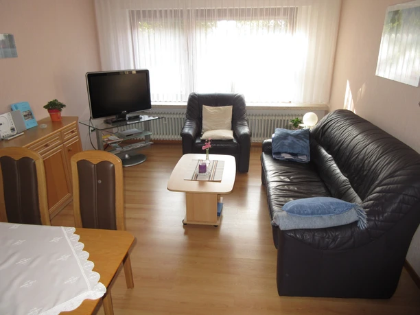 Gezellige woonkamer met twee banken, tv, salontafel en groot raam.
