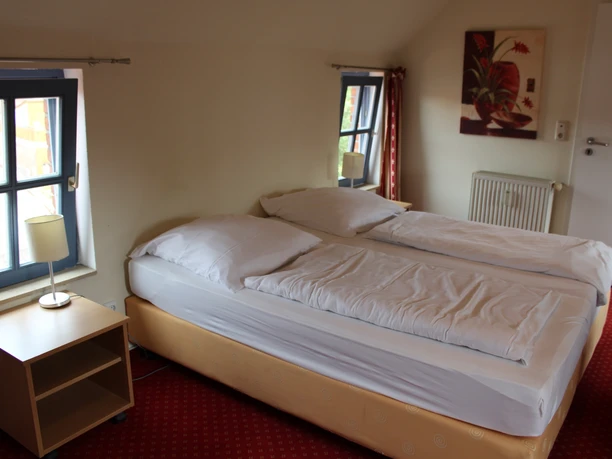 Two single beds in a bright room with reddish carpet, two windows and bedside lamps.